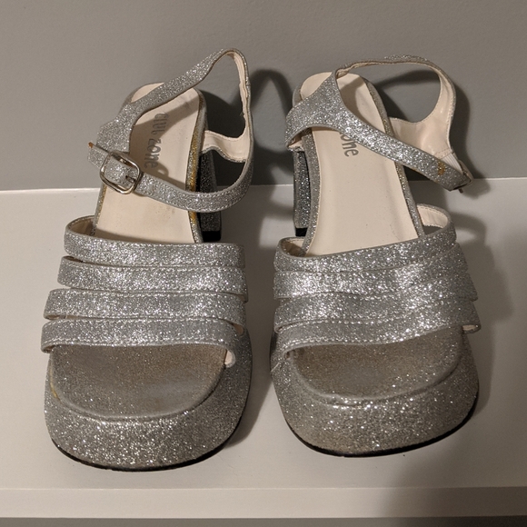 Vintage 90s Chunky Platform Silver Glitter Open Toe Heels - Size 6 - Picture 3 of 7